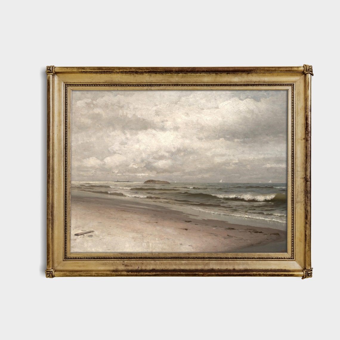Muted Sandy Beach with Gentle Waves Cloudy Sky Vintage Seascape Print - Image 4