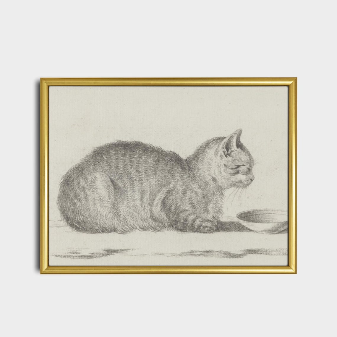 Cat Sitting beside a Milk Bowl Vintage Graphite Sketch Poster - Image 2