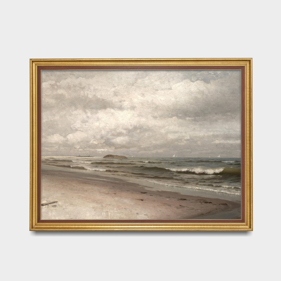 Muted Sandy Beach with Gentle Waves Cloudy Sky Vintage Seascape Print - Image 3