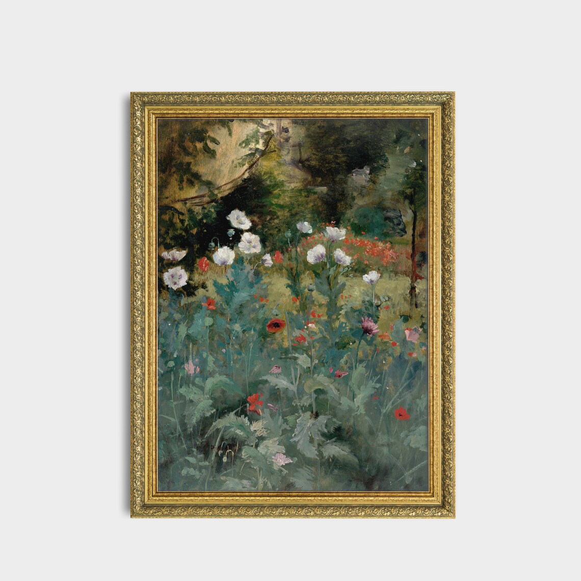 White and Red Poppies in a Wild Garden Vintage Floral Paint Poster - Image 3