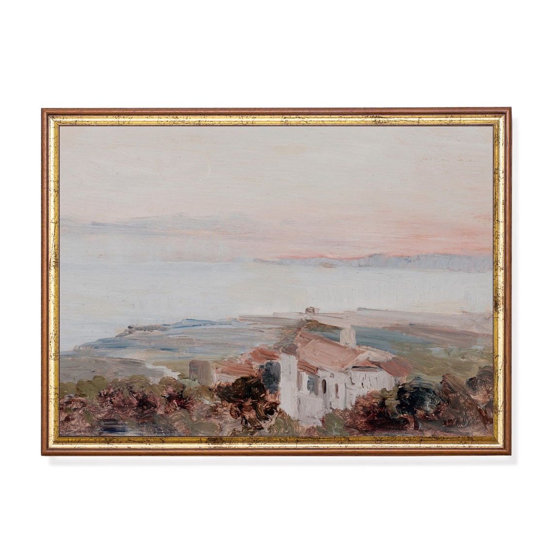 Hazy Mediterranean Villa Overlooking the Sea at Dusk Coastal Poster