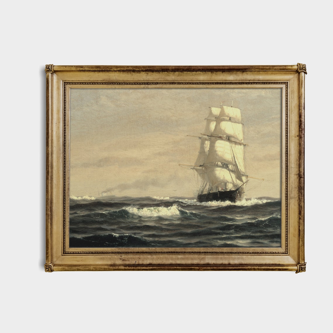 Tall Sailing Ship On Rough Seas Antique Marine Oil Painting Poster - Image 2