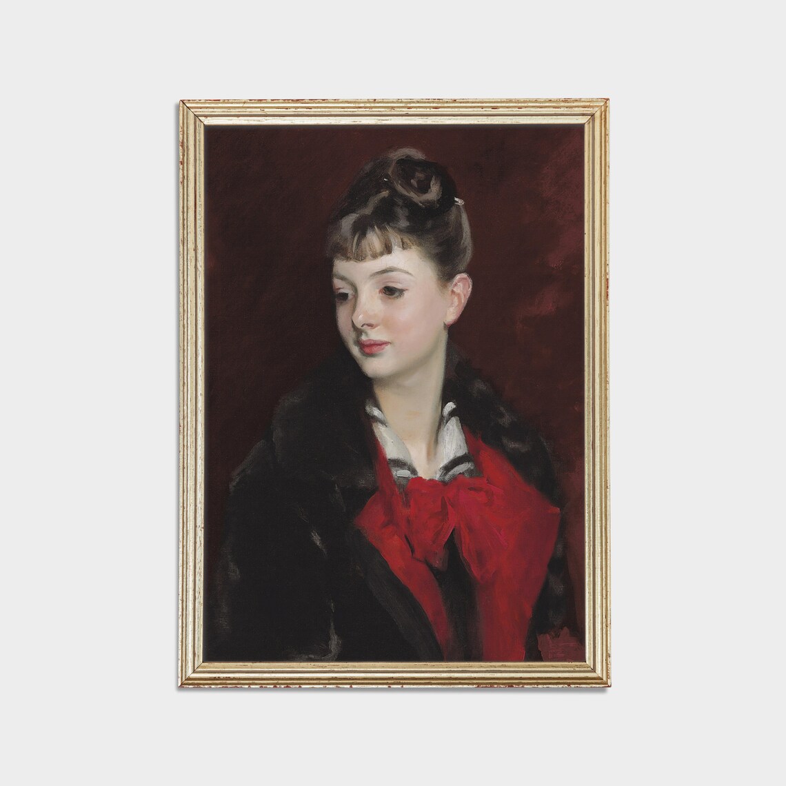 Vintage Woman Portrait in Red Bow Antique 19th Century Wall Art - Image 2