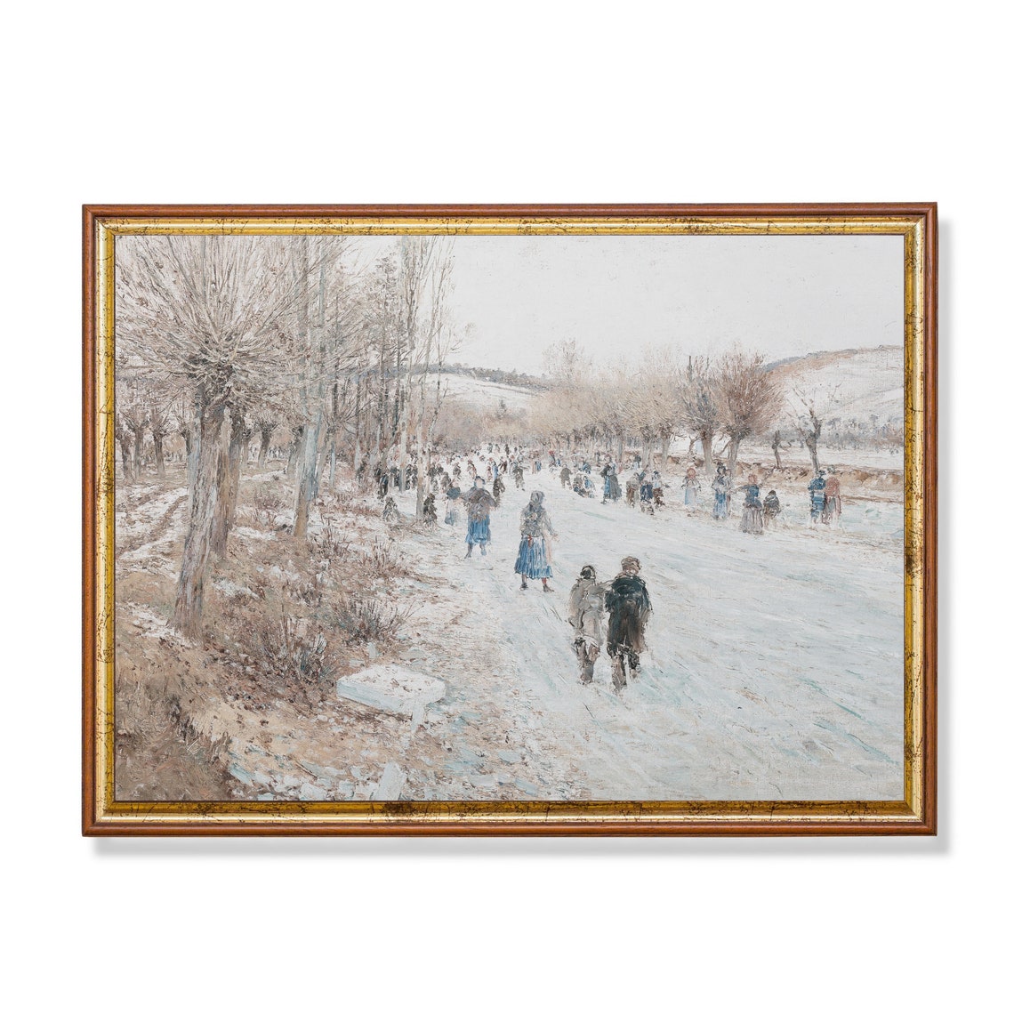Villagers Walking On Snowy Road Antique Winter Village Poster
