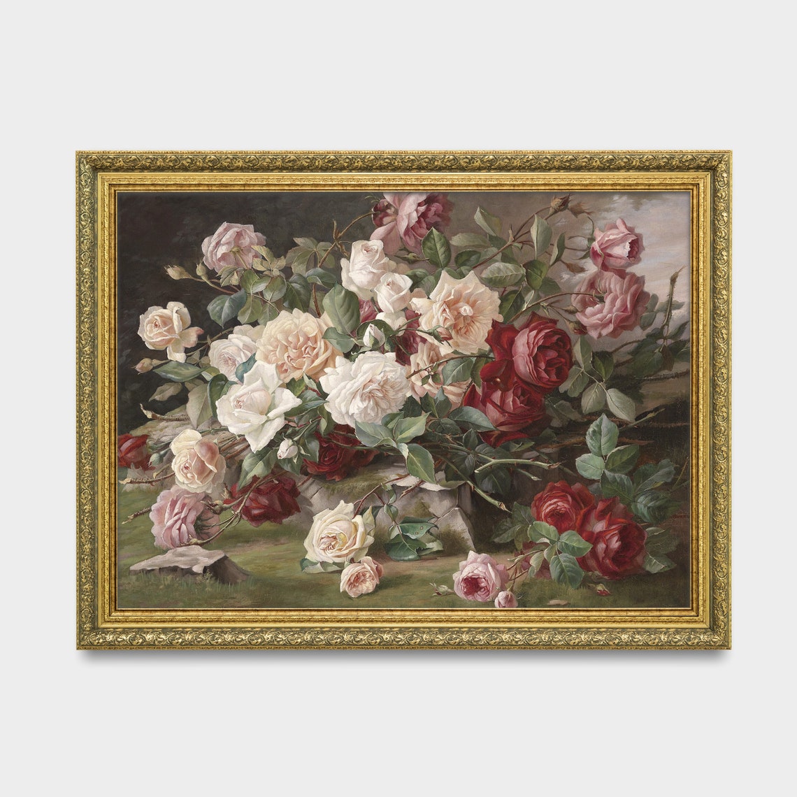 White Pink and Red Roses Classic Oil Painting Still Life Poster - Image 3