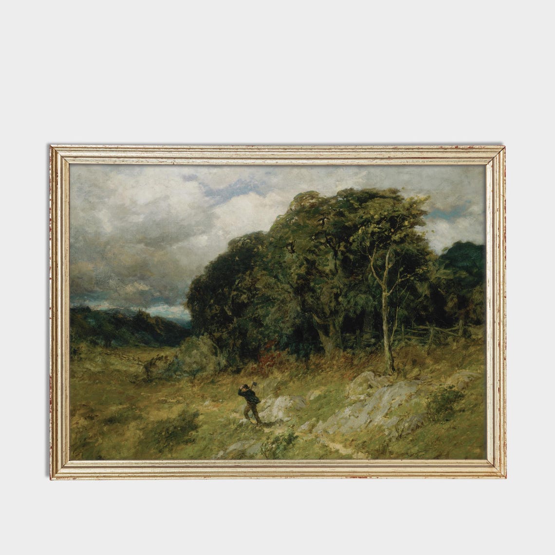 Lone Woodcutter in a Windswept Meadow Antique Moody Landscape Poster - Image 2
