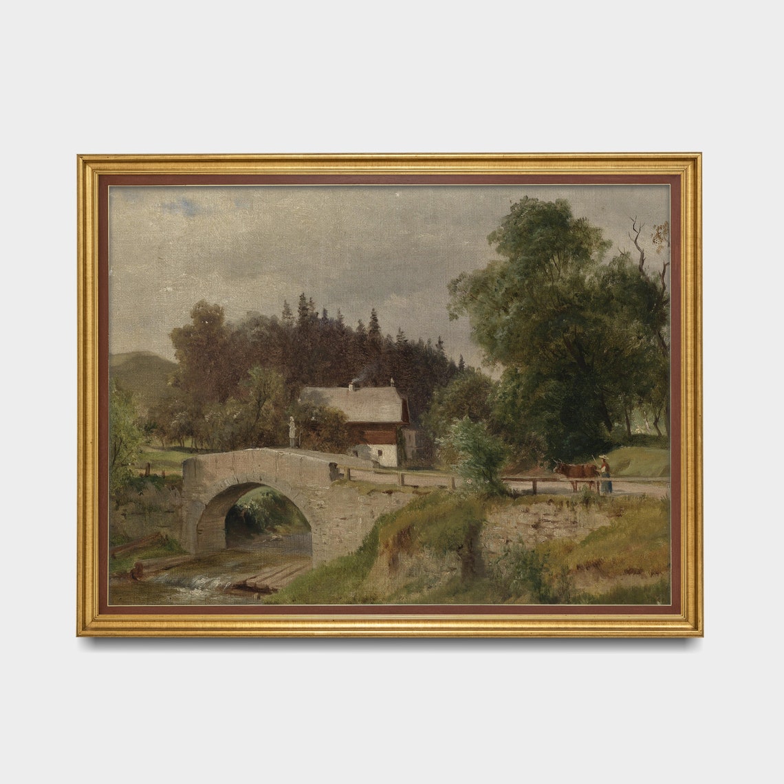 Stone Bridge Cottage and Stream with Cow Vintage Country Scene Poster - Image 4