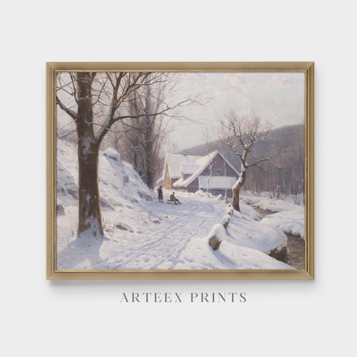 Snowy Cottage Lane with Figures and a Sled Cozy Winter Poster - Image 4