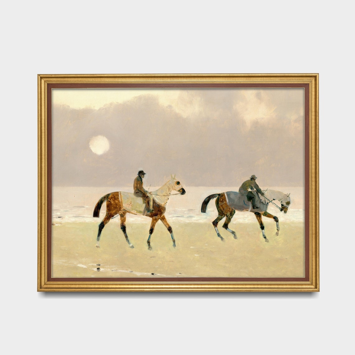Horse Riders On Hazy Beach Antique Equestrian Painting Poster - Image 3