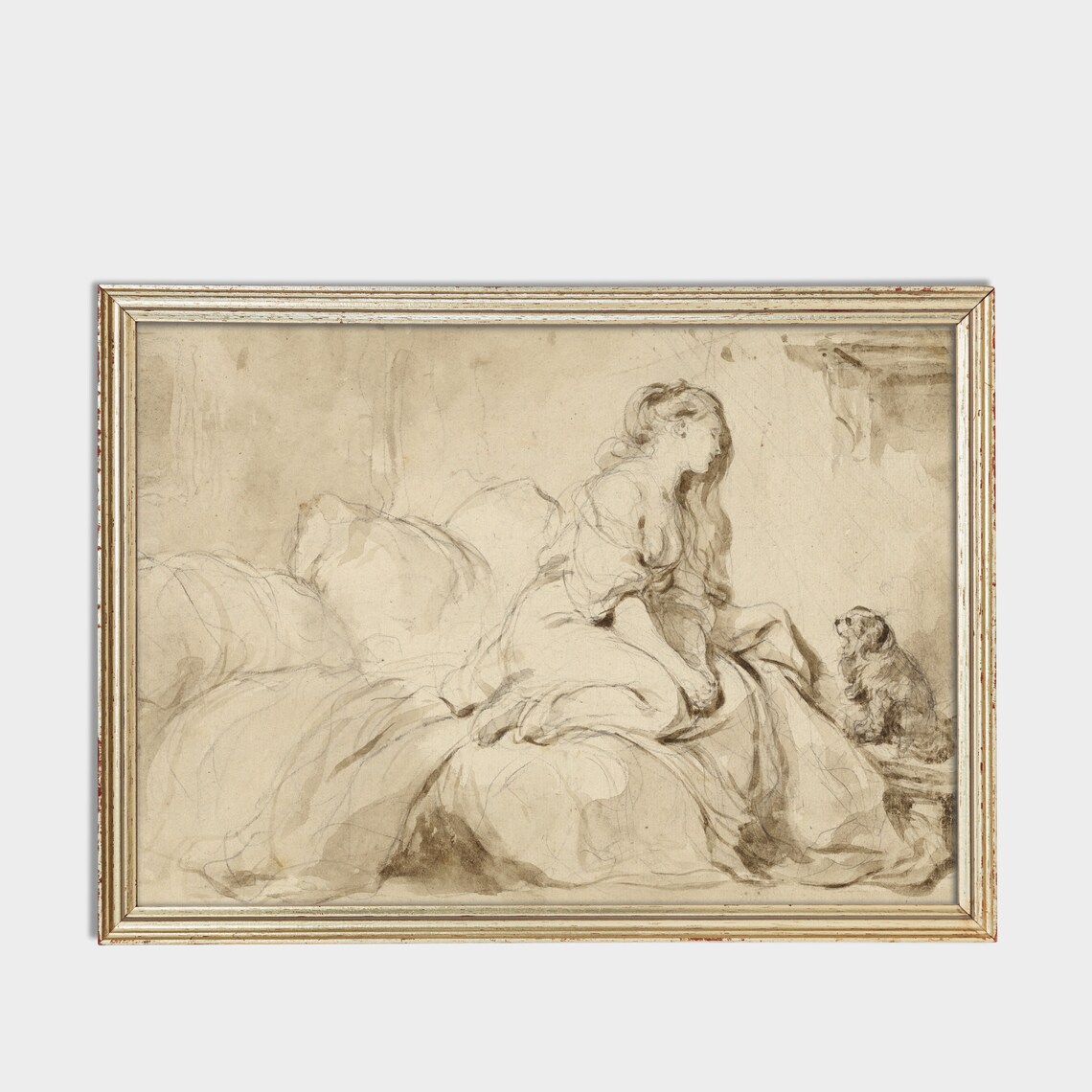 Seated Lady with Her Faithful Dog Vintage Sepia Sketch Poster - Image 4