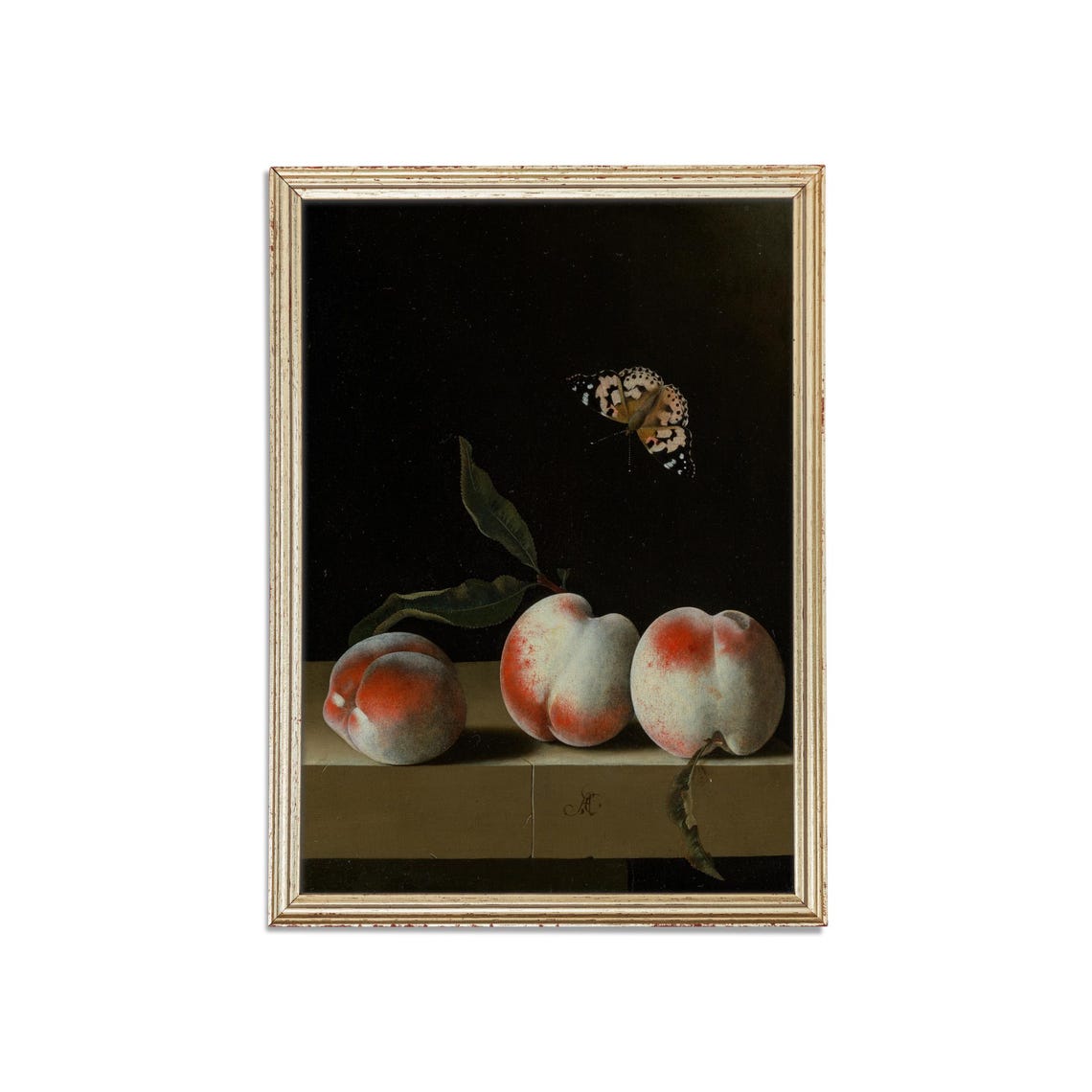Three Peaches With A Butterfly Vintage Still Life Art Poster - Image 3