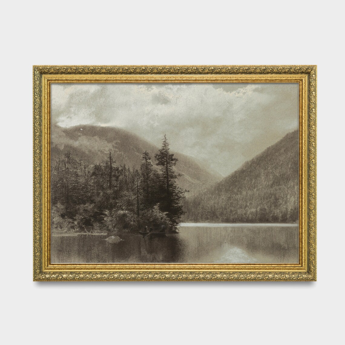 Misty Sepia Lake Pines Canoe Vintage Nature Landscape Sketch Poster - Image 2