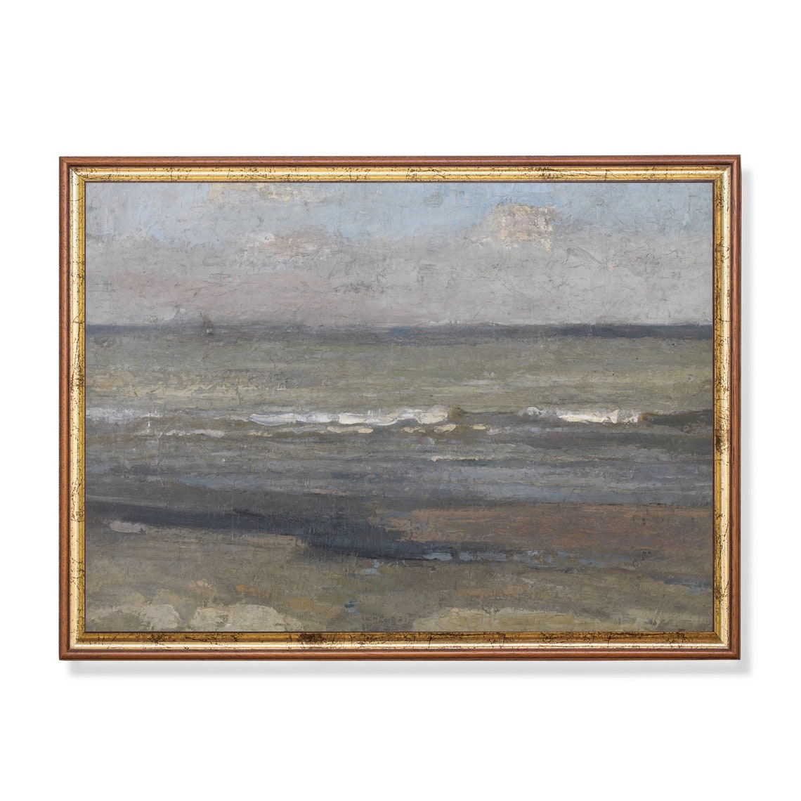 Misty Overcast Beach Tonal Seascape Vintage Ocean Painting Poster