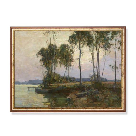 Mailed Print River Landscape Painting Vintage Wall Art Antique Country Scenery Moody Rustic Artwork Farmhouse Decor Fine Art