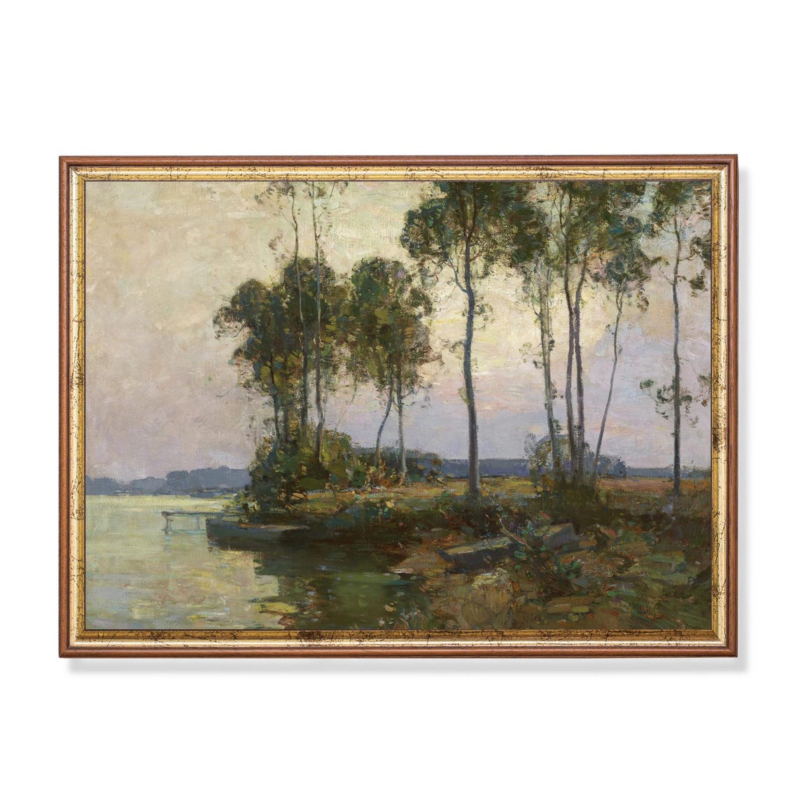 Antique Evening River With Tall Trees Impressionist Art Poster