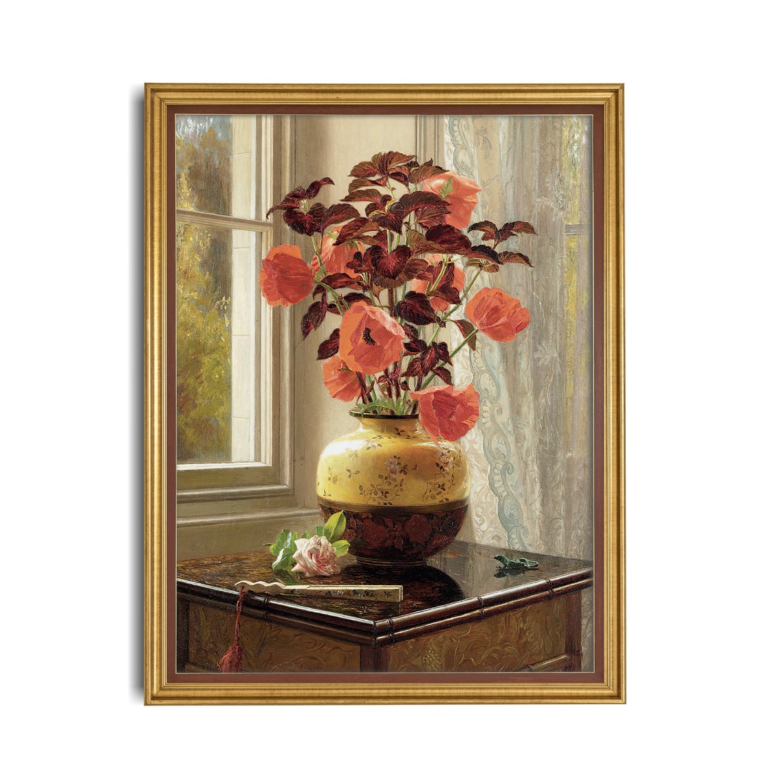 Red Poppies in a Yellow Vase by a Sunlit Window Vintage Poster - Image 3