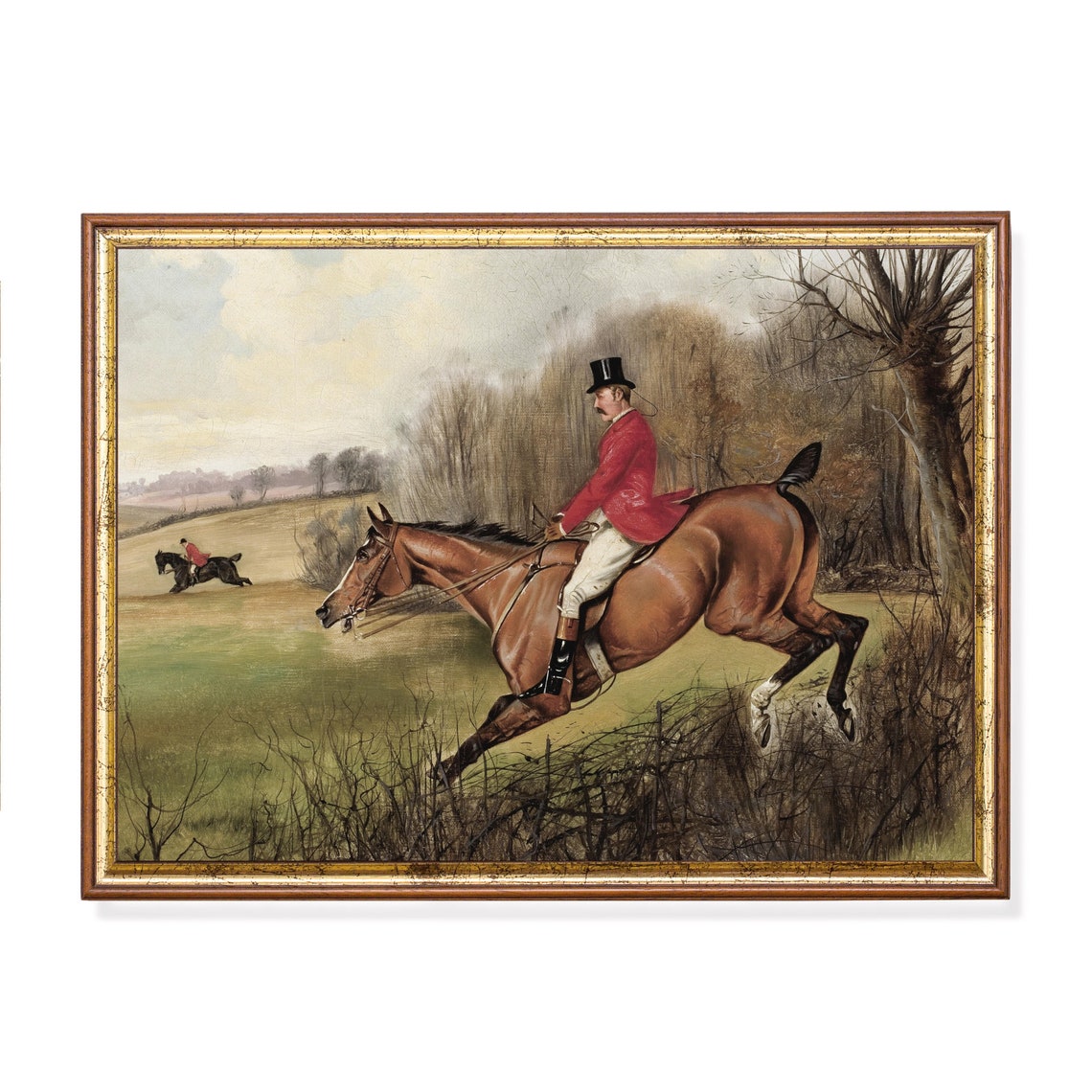 Huntsman Red Coat Jumping Hedge Autumn Field Vintage Hunt Poster