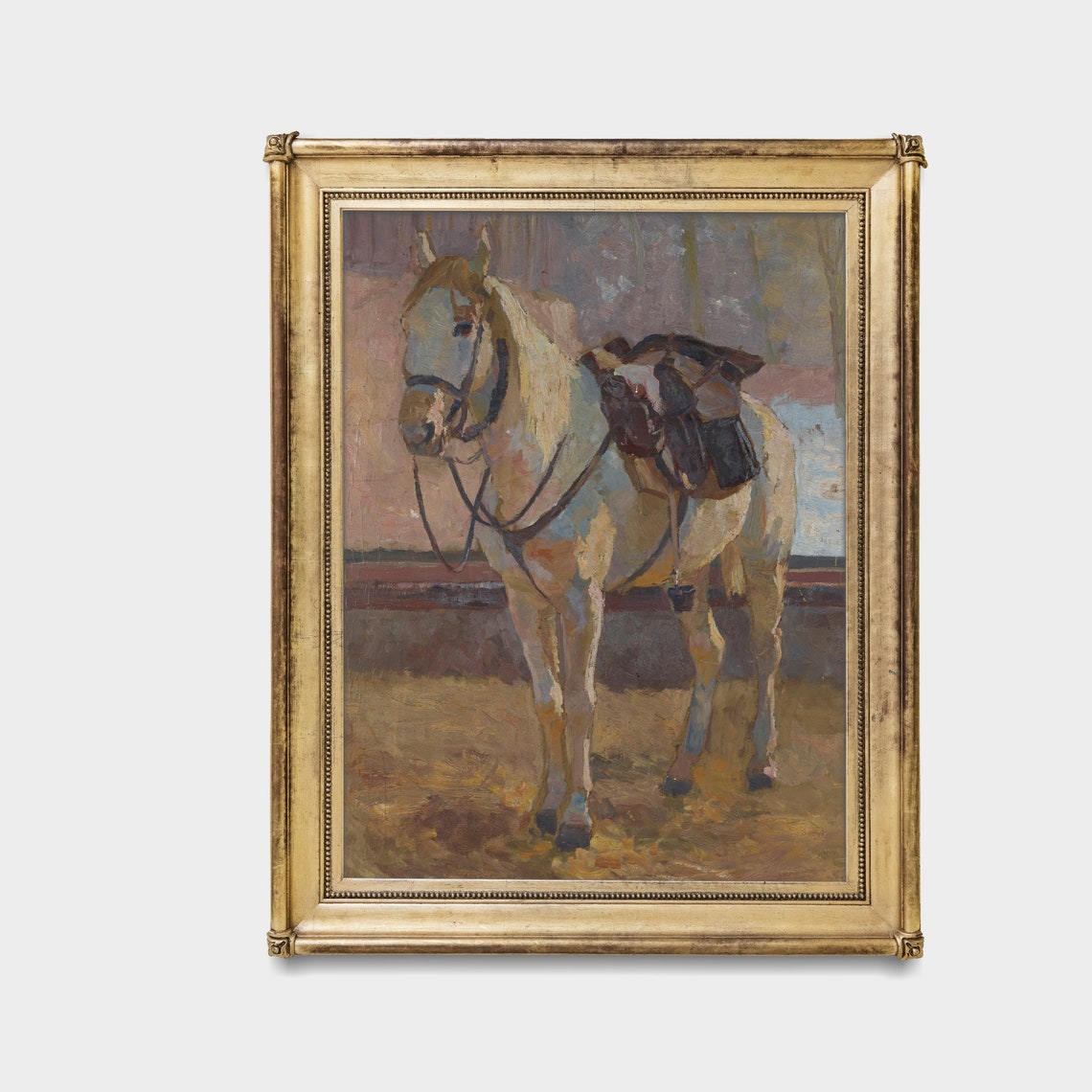 Saddled Grey Horse Standing in a Paddock Vintage Equestrian Poster - Image 3