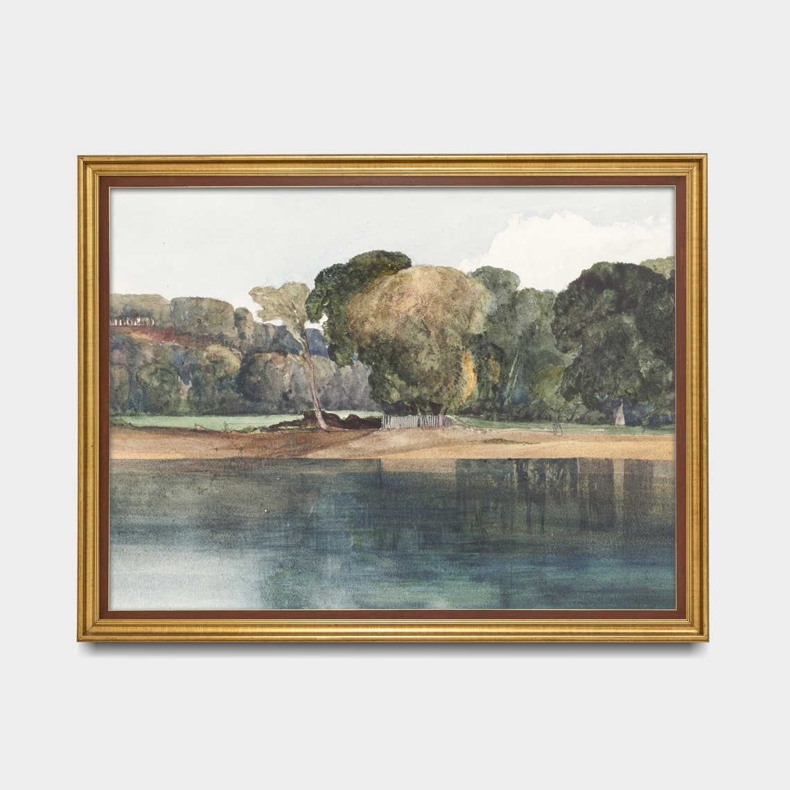 Still Blue Lake with Trembling Tree Reflections Watercolor Poster - Image 4