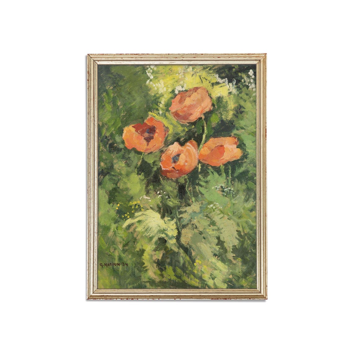 Three Orange Poppies Lush Green Garden Vintage Floral Art Poster - Image 3