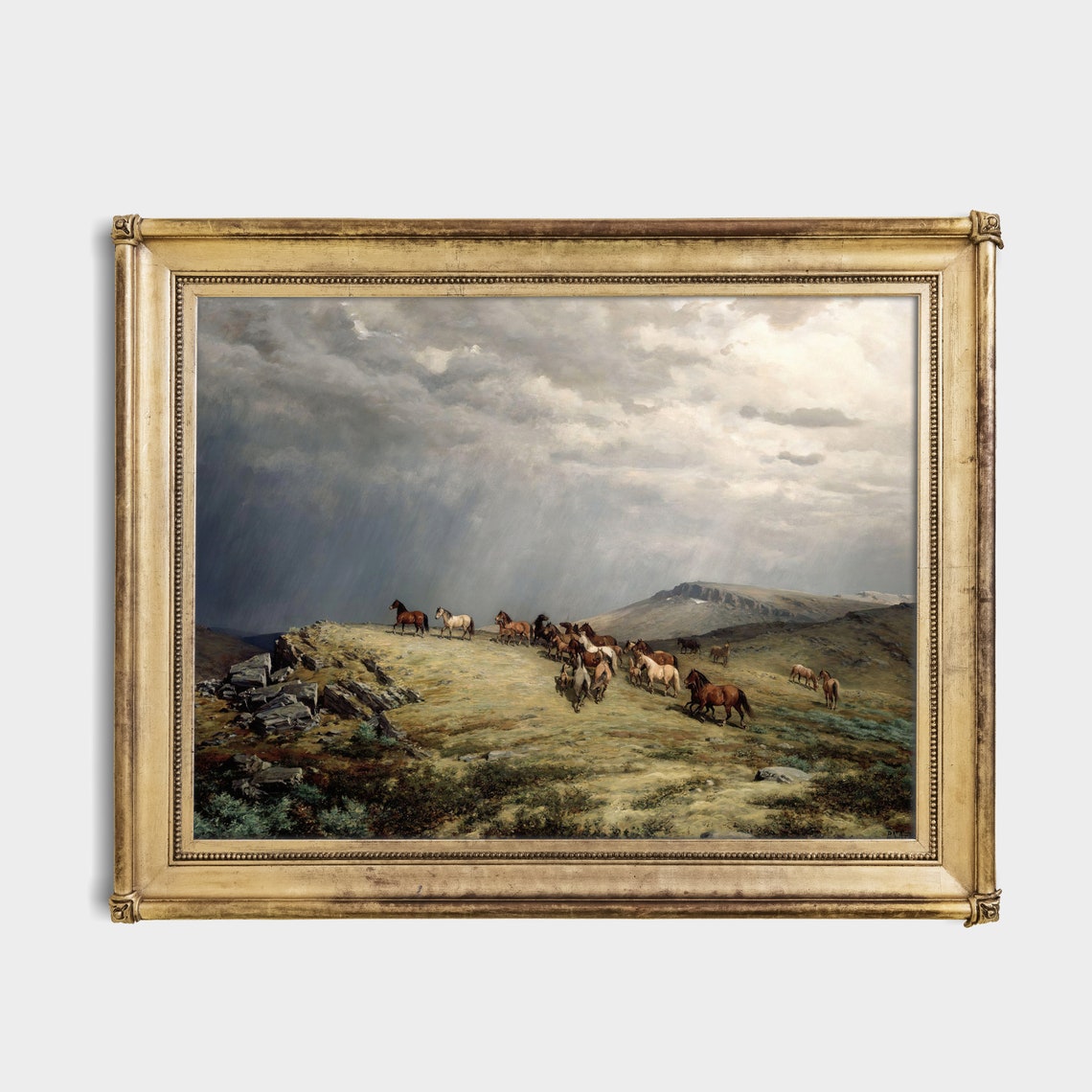 Herd of Horses on a Mountain Plateau Under Storm Clouds Poster - Image 2
