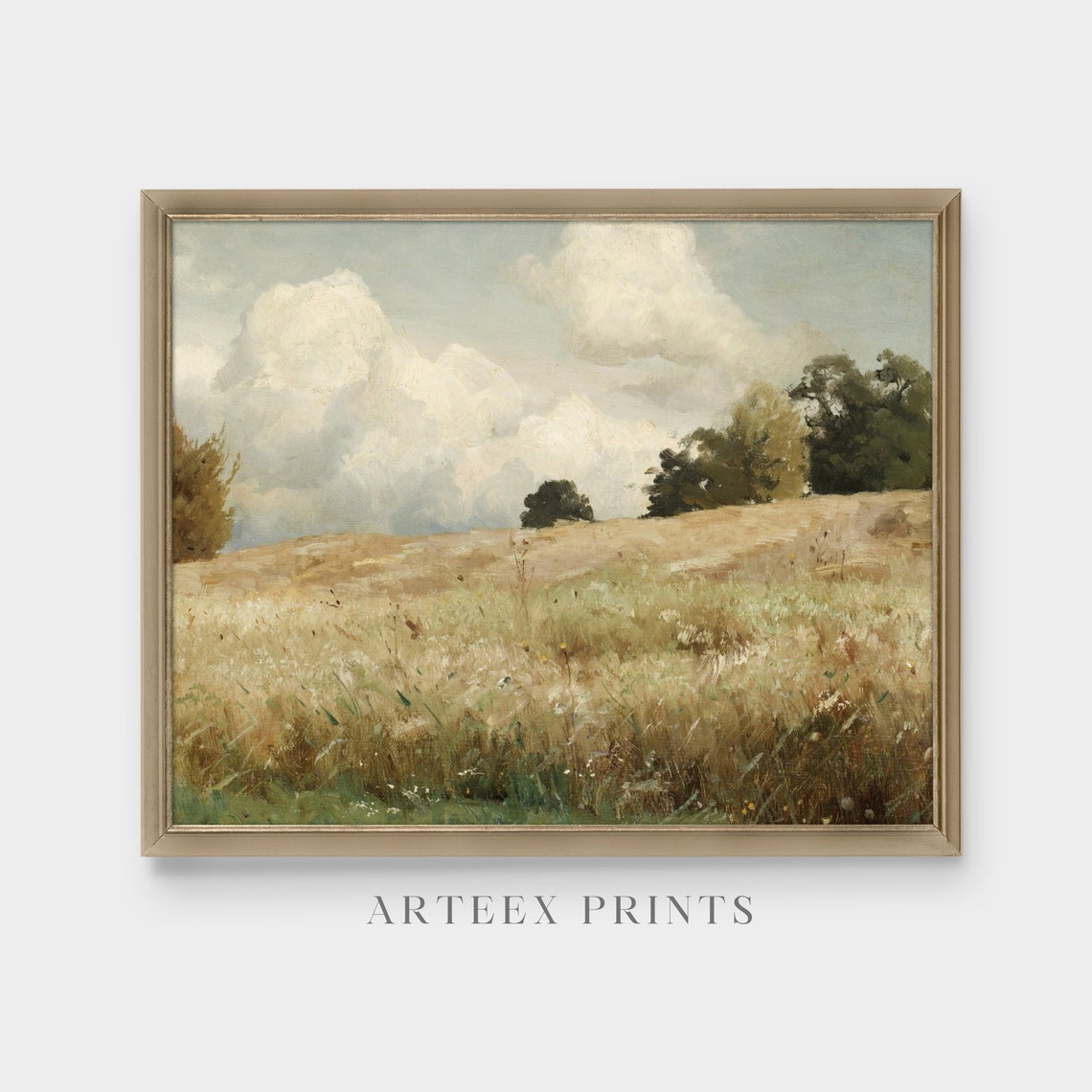 Golden Grass Field Under Towering Clouds Vintage Pastoral Field Poster - Image 3