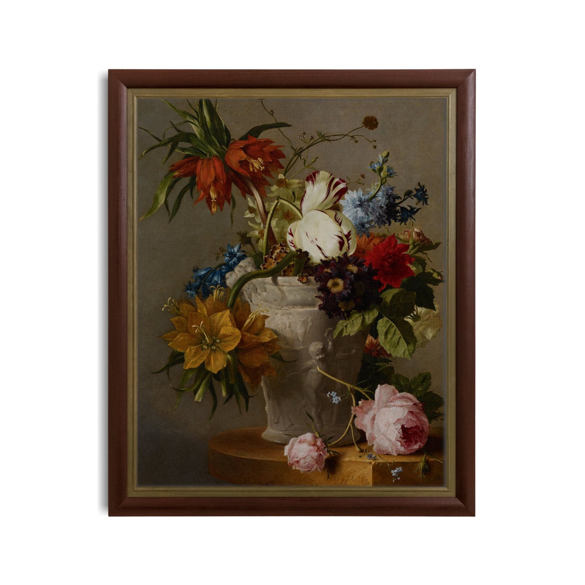 Dutch Floral Still Life Tulips Roses in Sculpted Urn Vintage Poster - Image 2
