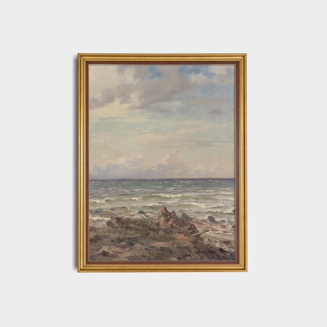 Gray Waves Breaking on a Rocky Shore Moody Vintage Seascape Poster - Image 3