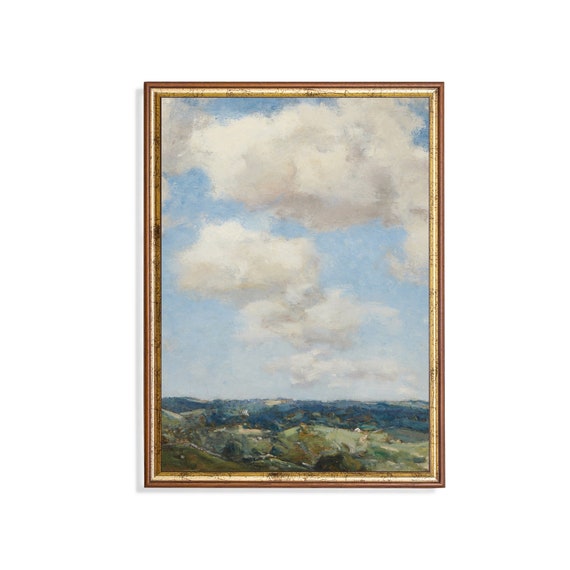 Mailed Print Summer Landscape Vintage Clouds Painting Antique Sky Print Vertical Fine Art Printed And Shipped Living Room Art