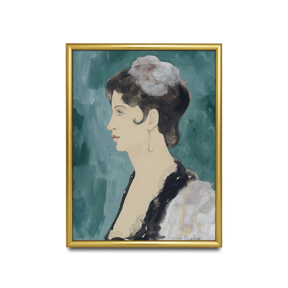 Francis Picabia Style Woman in Profile on Teal Portrait Poster - Image 2