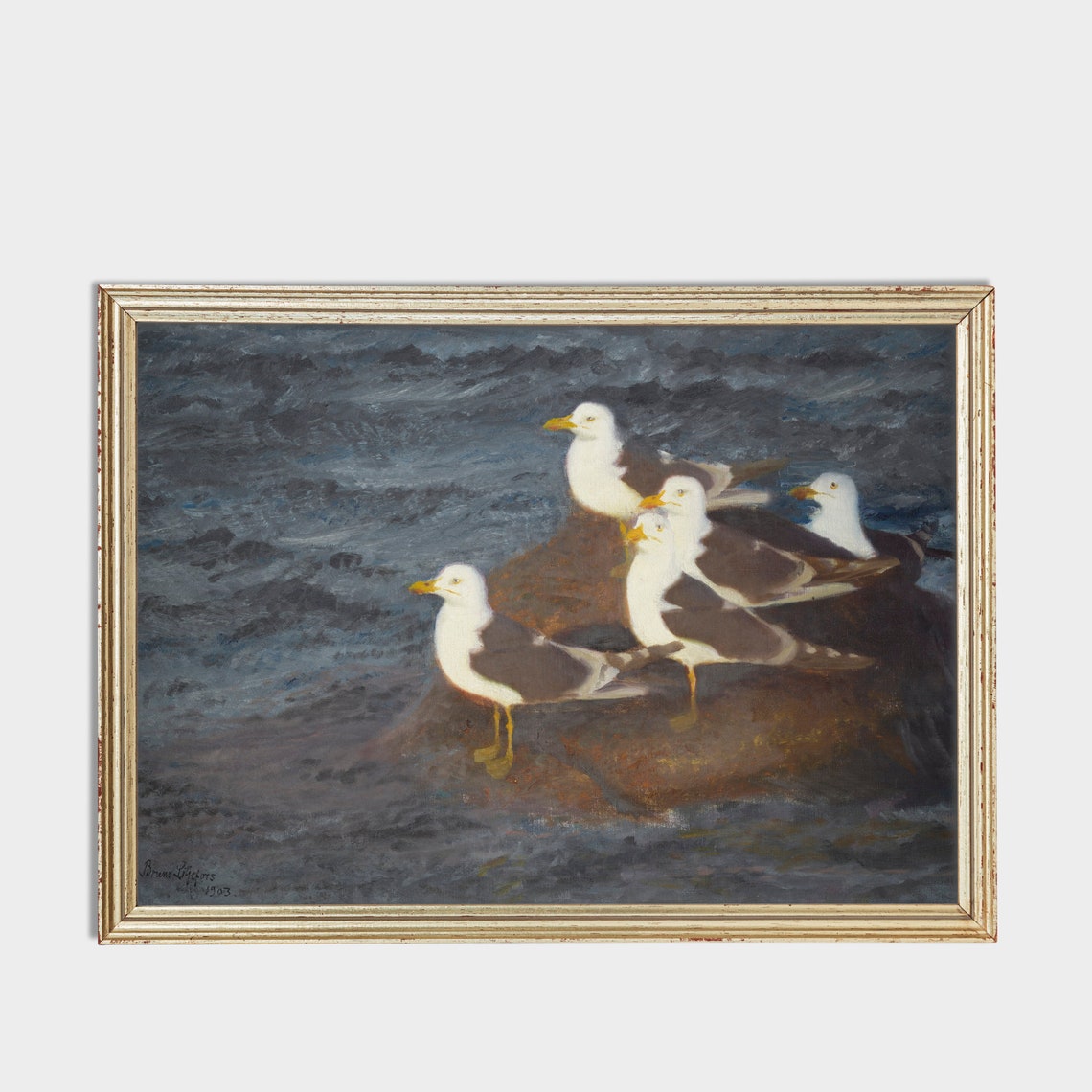 Seagulls Gathered on a Dark Rock by the Sea at Dusk Antique Poster - Image 3