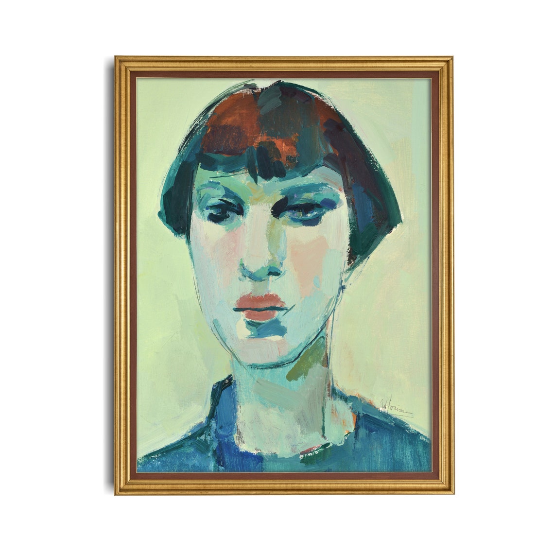 Teal Blue Portrait of a Young Woman Modern Expressionist Poster - Image 2