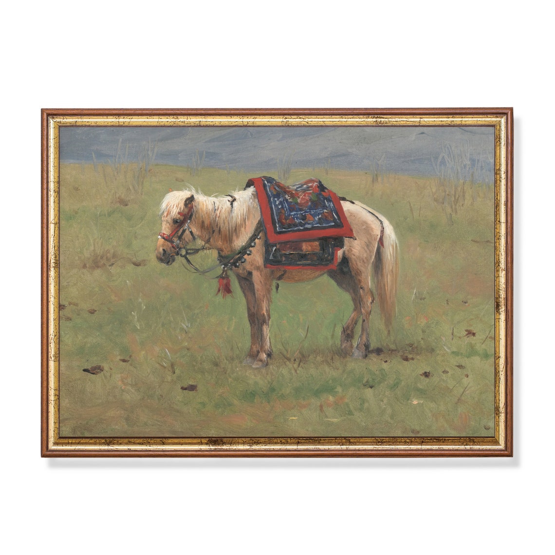 Saddled Mountain Pony In A Green Meadow Vintage Painting Poster
