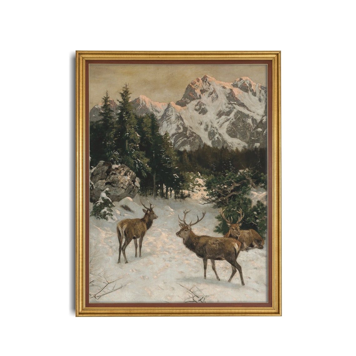 Three Red Deer in Snow Against Towering Snowy Peaks Wildlife Poster - Image 3