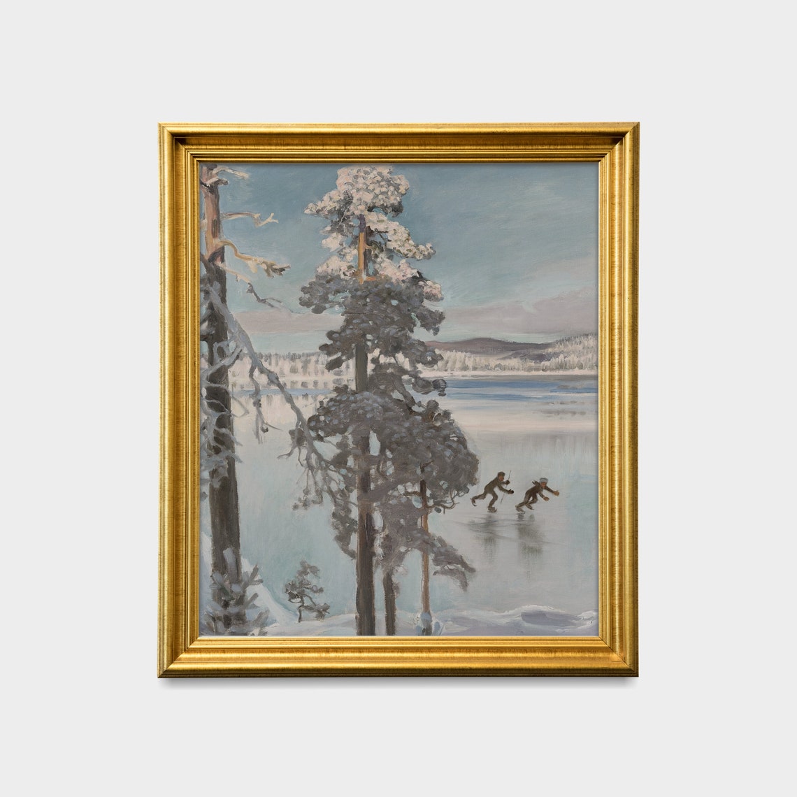 Skaters on a Frozen Lake Among Tall Snowy Pine Trees Forest Poster - Image 2