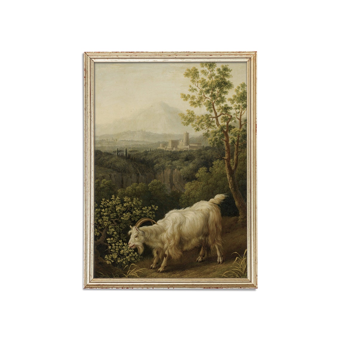 White Goat in Italian Valley Landscape with Castle Antique Poster - Image 3