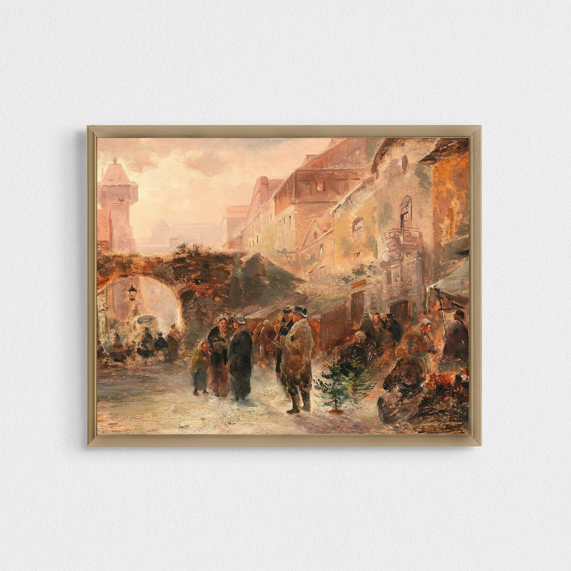 Old Town Market Street Under a Stone Arch Vintage City Art Poster - Image 2