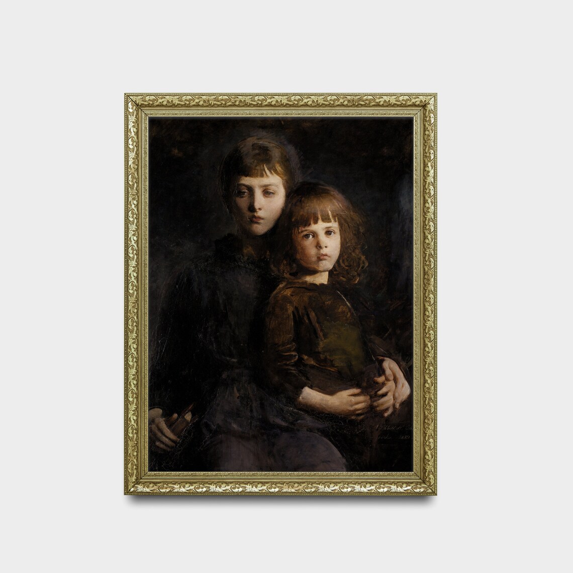 Two Young Sisters Portrait in Dark Vintage Oil Painting Art Poster - Image 2