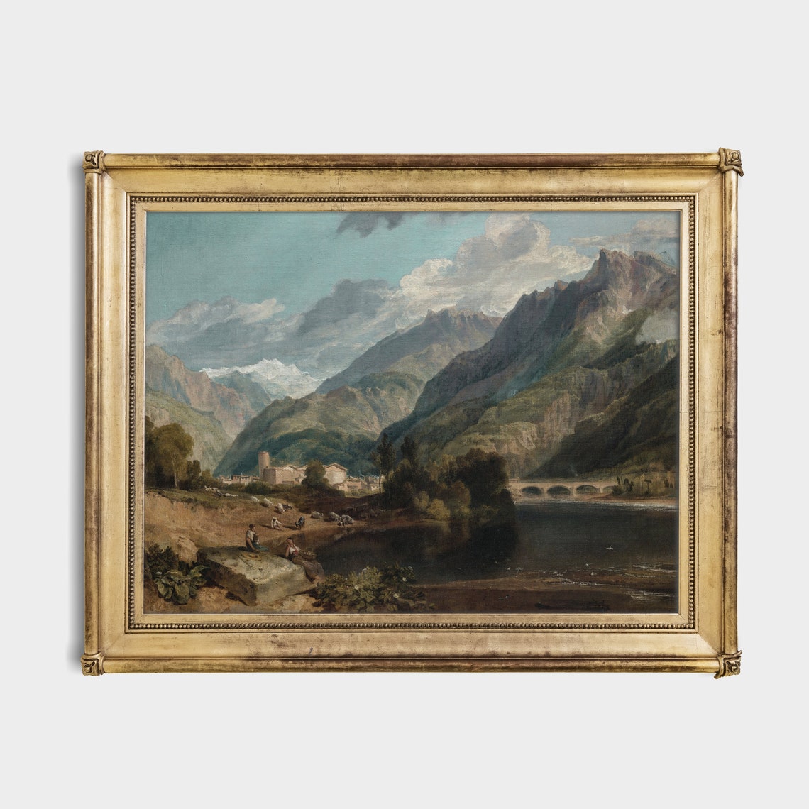 Alpine Village with Stone Bridge and River in Mountain Valley Poster - Image 4
