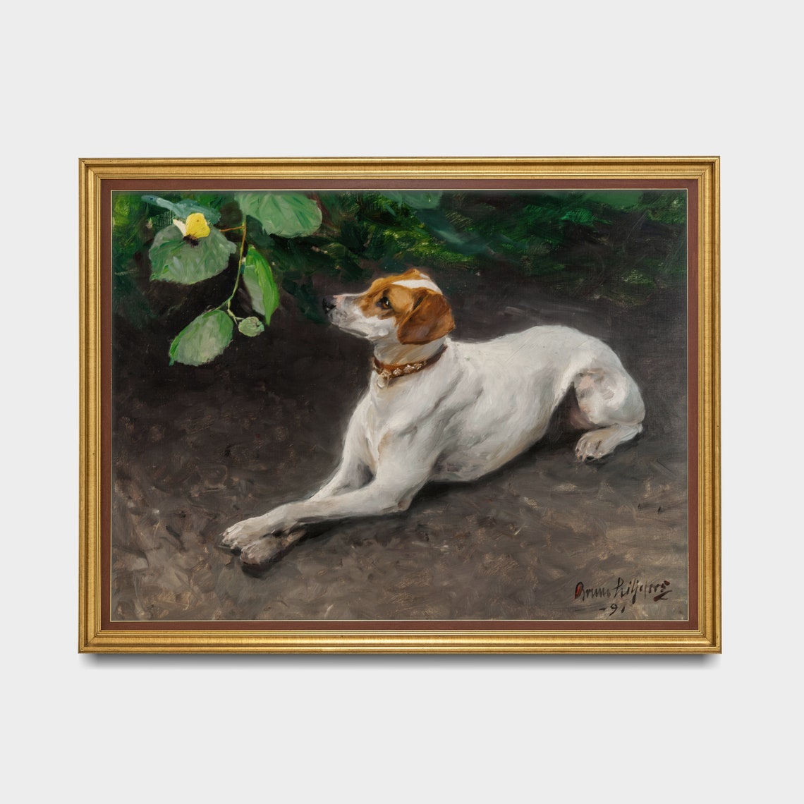 White Hound Resting Beneath Green Leaves Antique Dog Painting Poster - Image 3