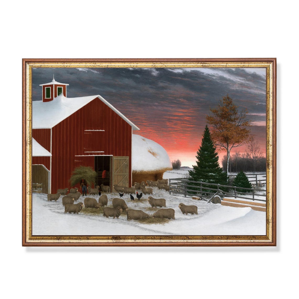 Red Barn Sheep and Chickens Snowy Winter Barnyard Folk Art Poster