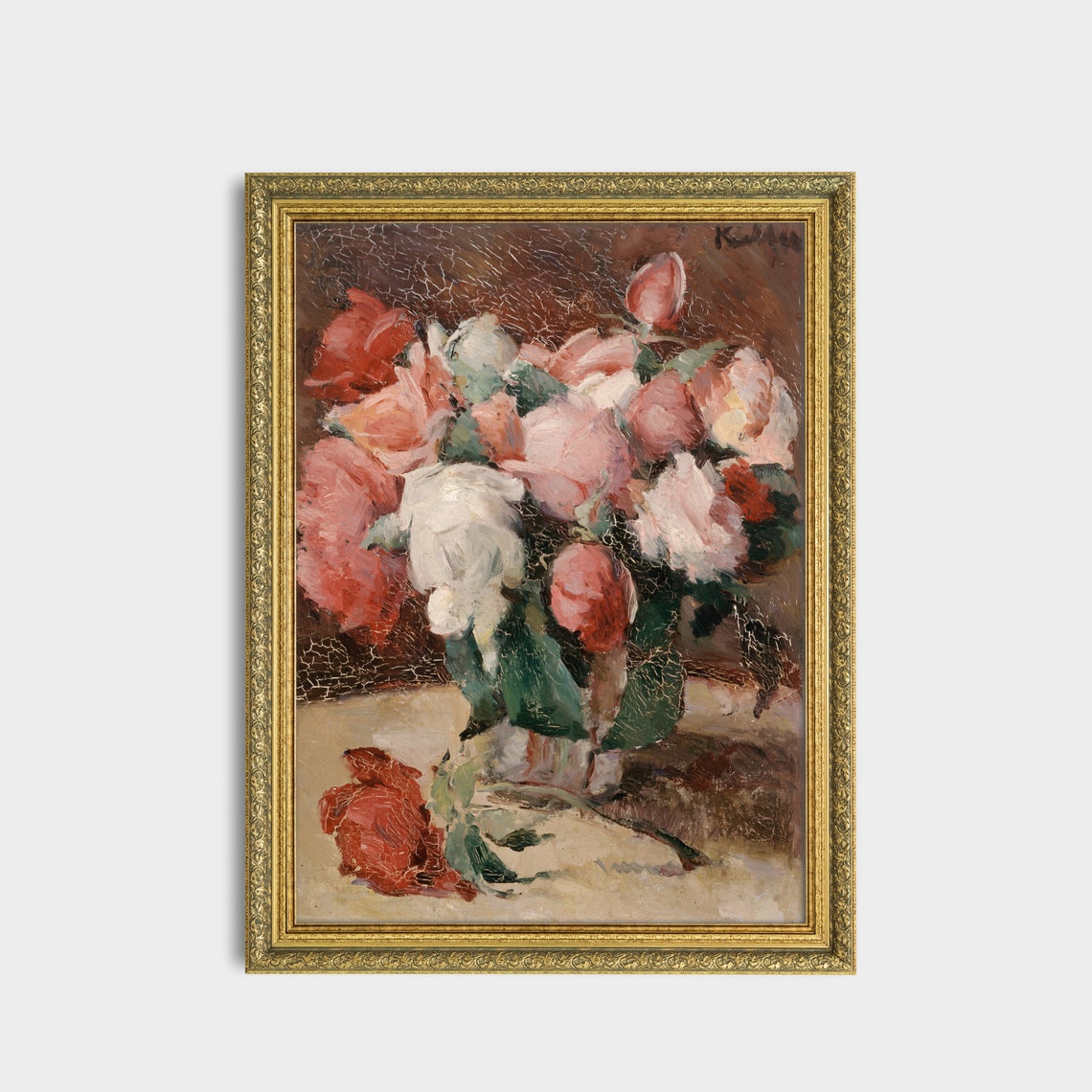 Pink and White Roses in a Vase Impressionist Still Life Art Poster - Image 2