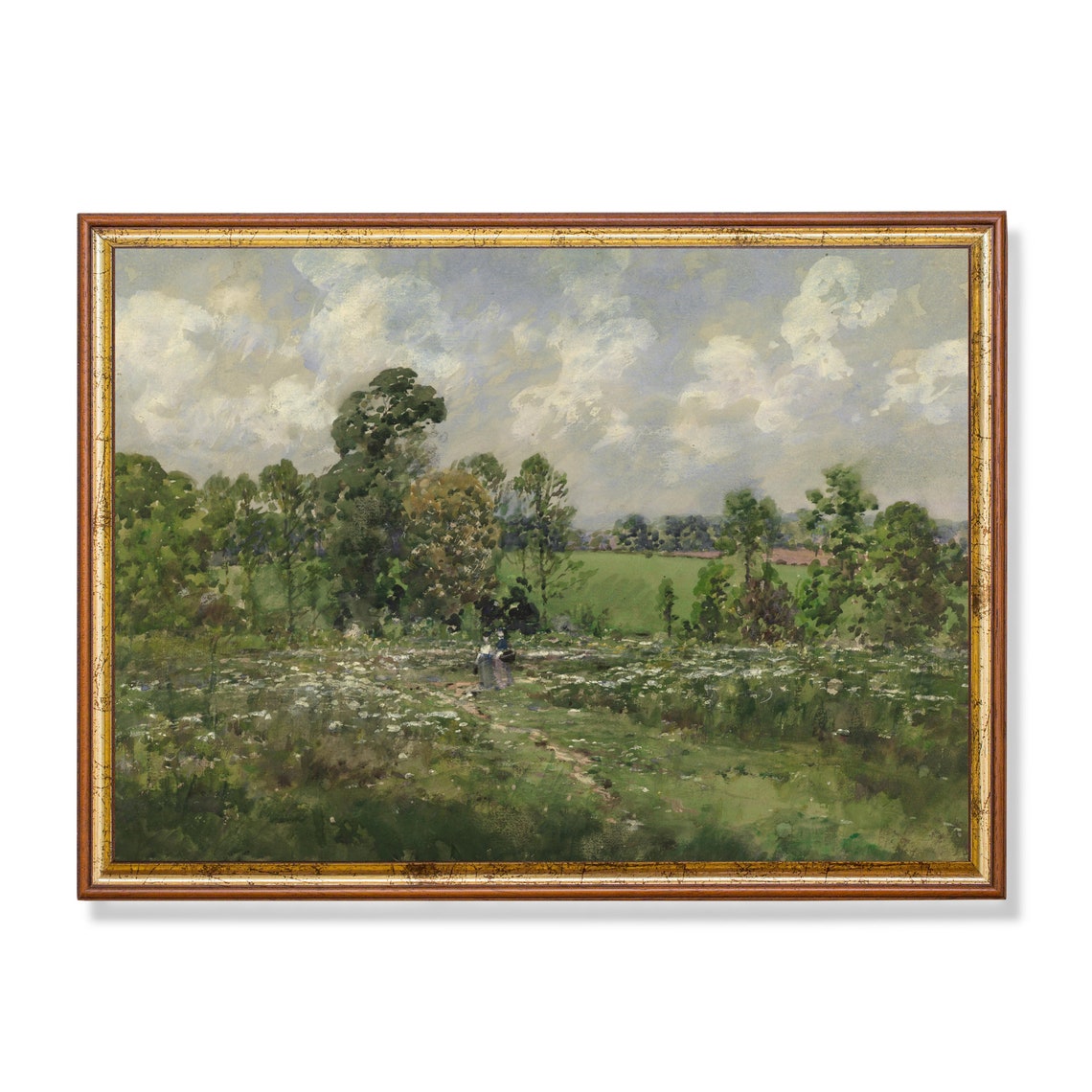 Two Figures Strolling a Summer Meadow Antique Painting Poster