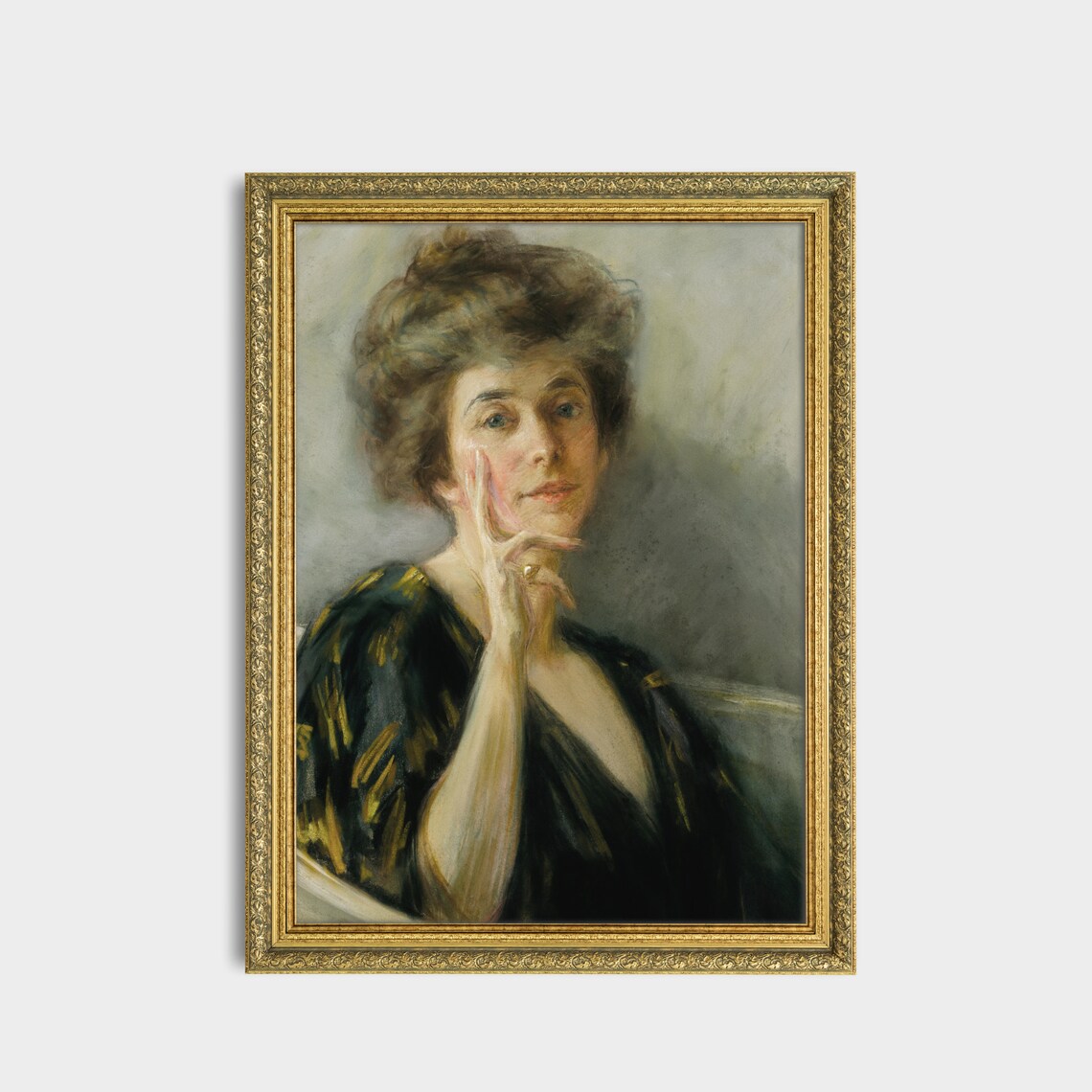 Pensive Woman in a Black Dress Antique Pastel Portrait Poster - Image 3