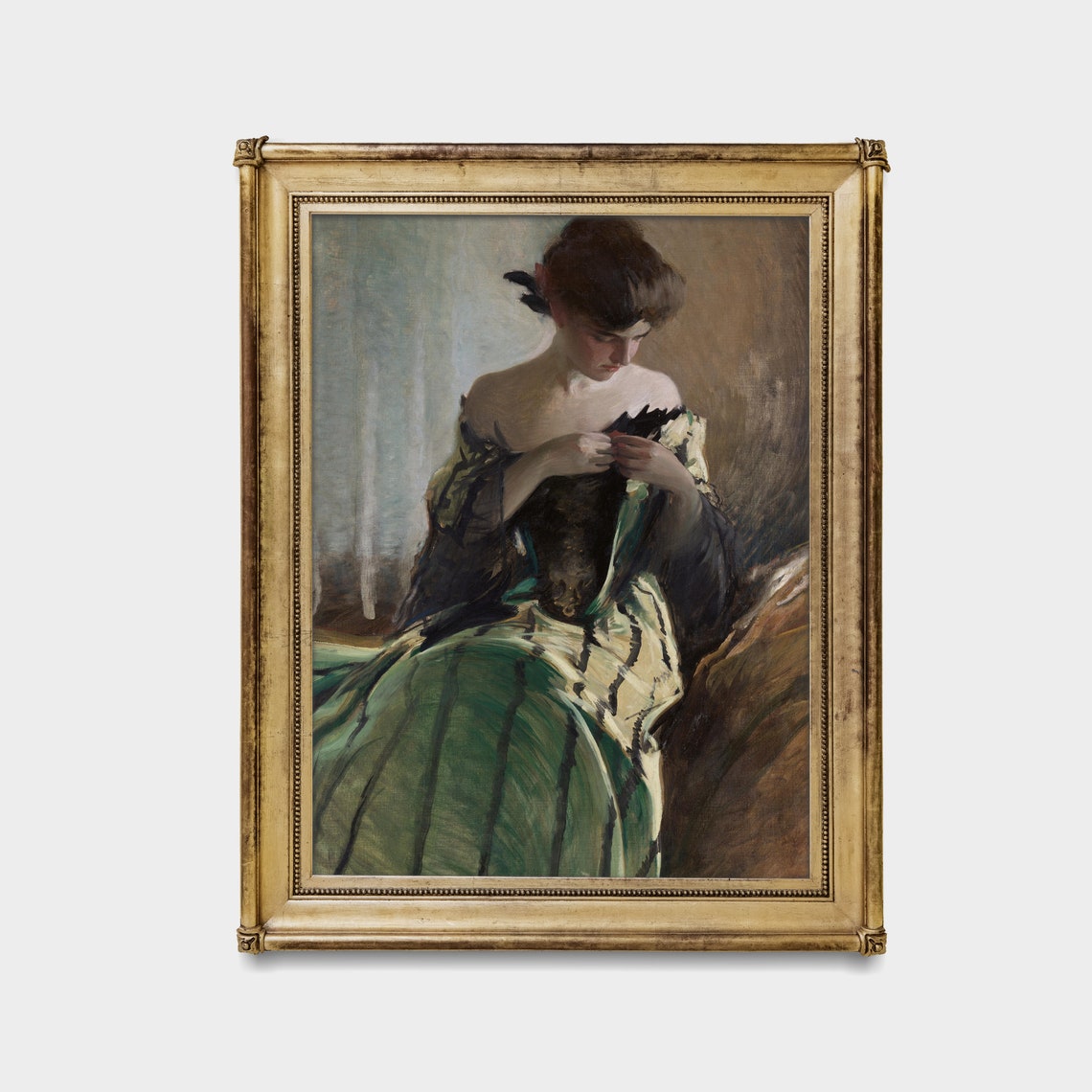 Seated Woman Adjusting Her Bodice in Green Antique Portrait Poster - Image 3