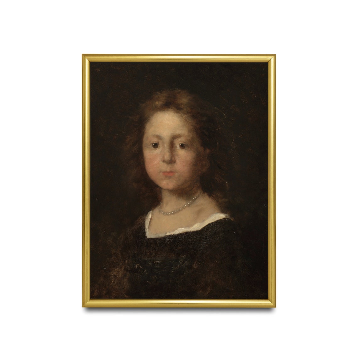 Young Girl Pearl Necklace Dark Vintage Portrait Painting Poster - Image 3