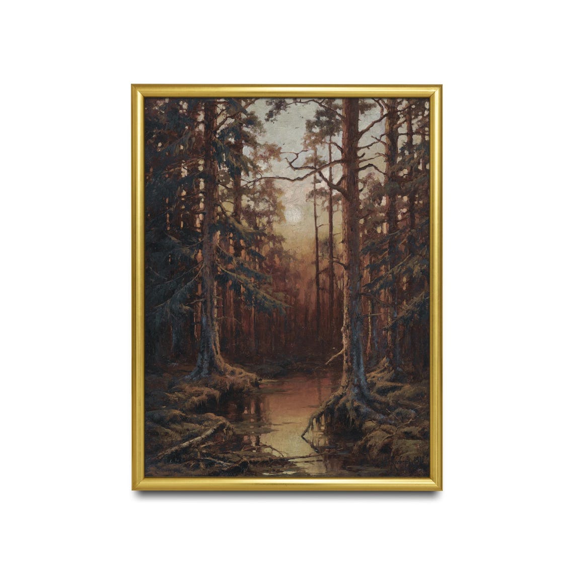 Sunset Glow Through Tall Pines Over a Forest Stream Vintage Poster - Image 2
