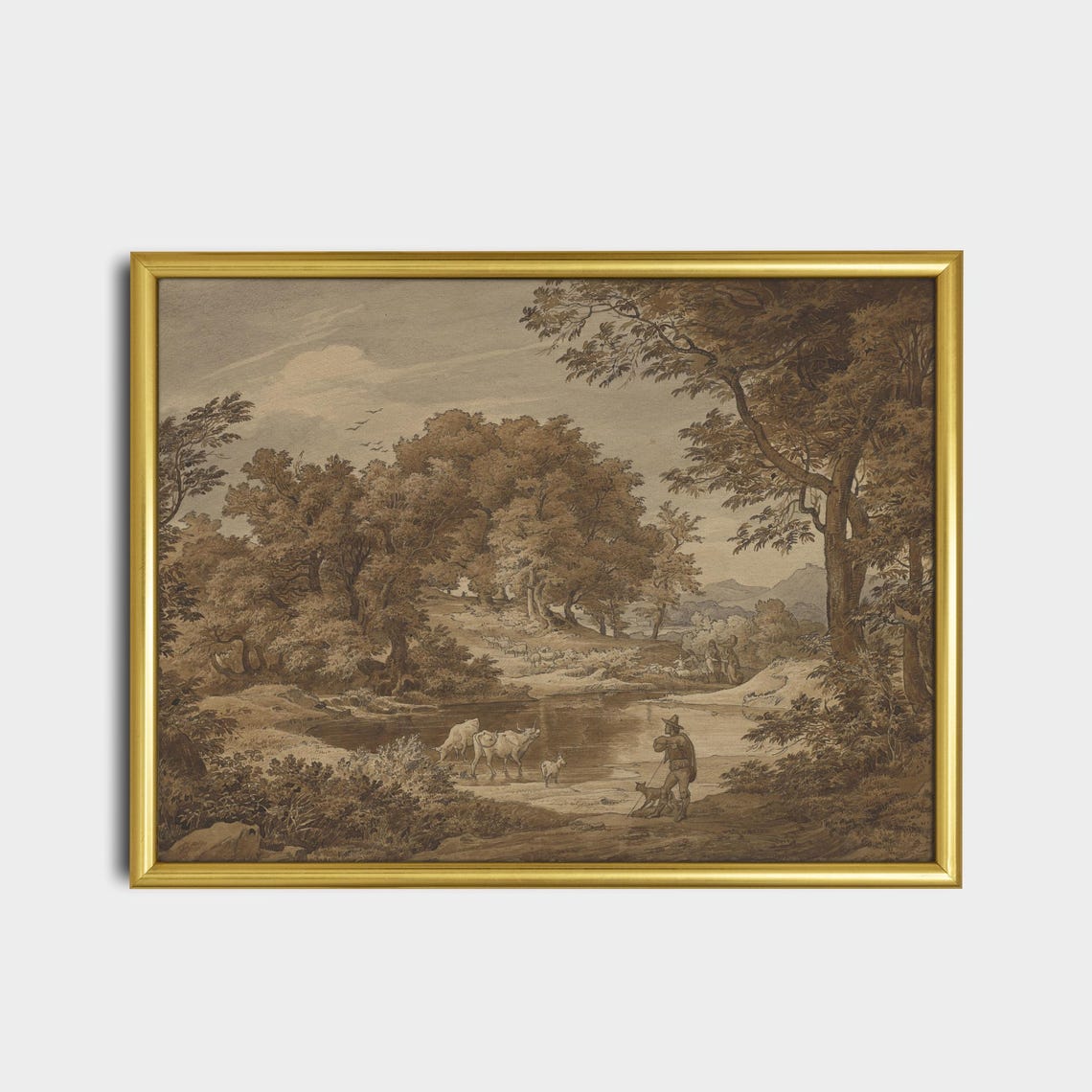 Herdsman with Cattle at a Woodland Pond Vintage Sepia Sketch Poster - Image 2