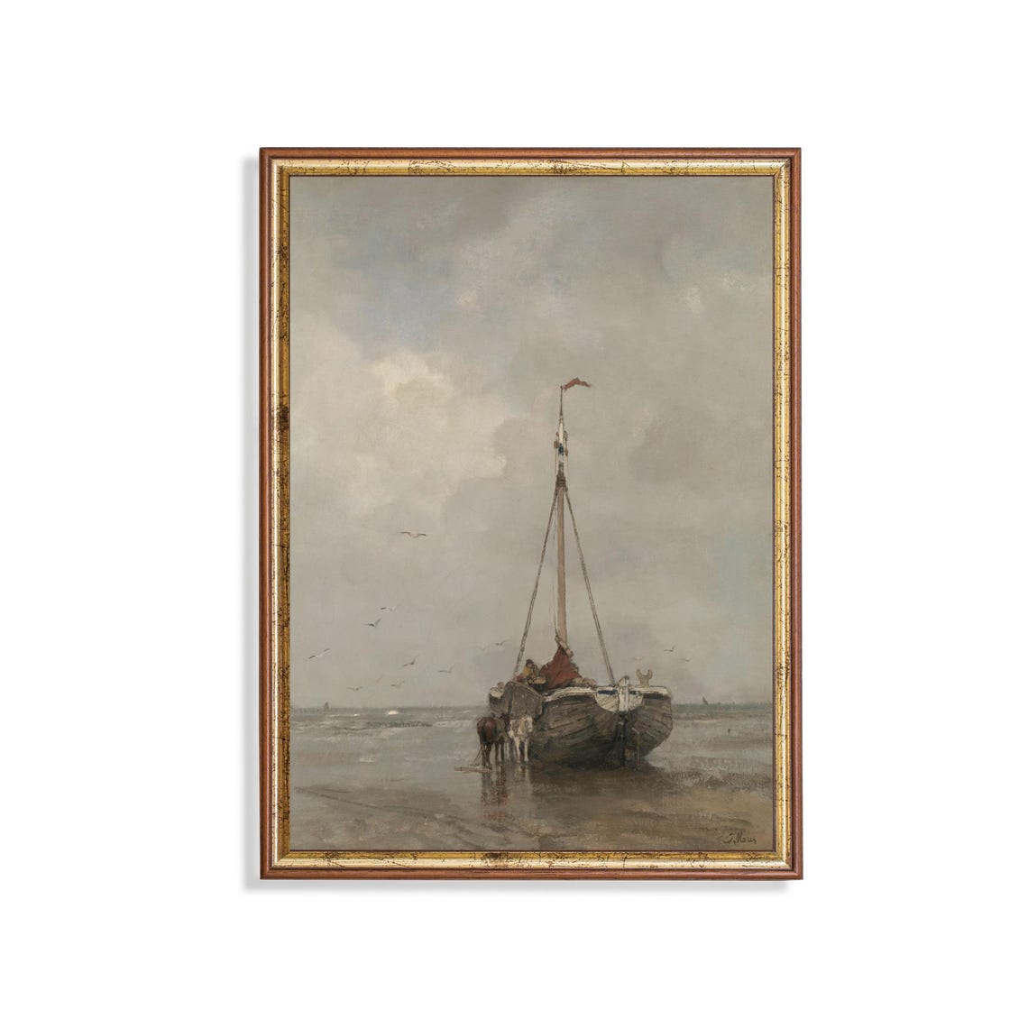 Fishing Boat Anchored on a Misty Beach at Low Tide Seascape Poster