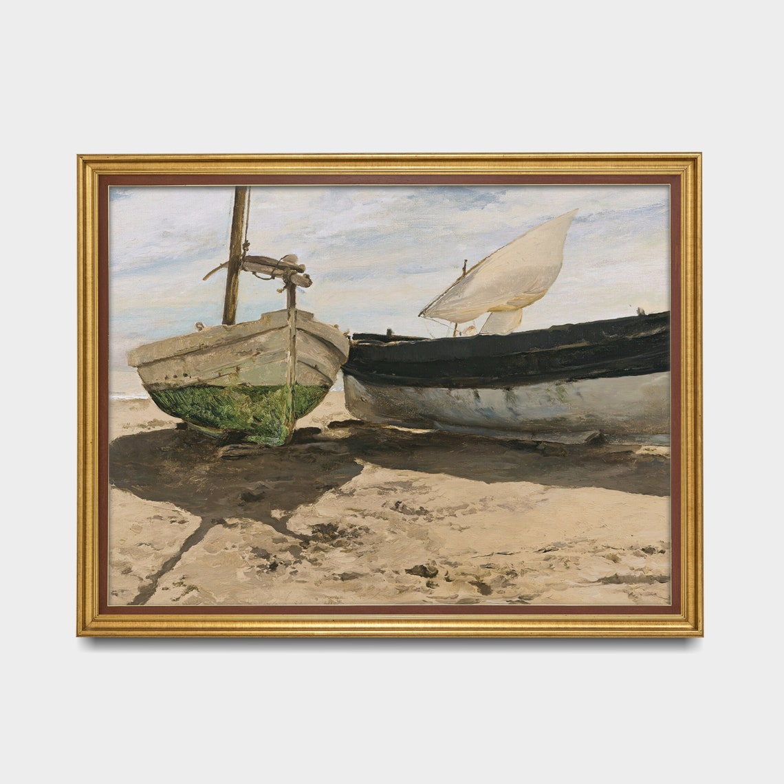 Two Weathered Fishing Boats Resting on a Sunlit Beach Vintage Poster - Image 4